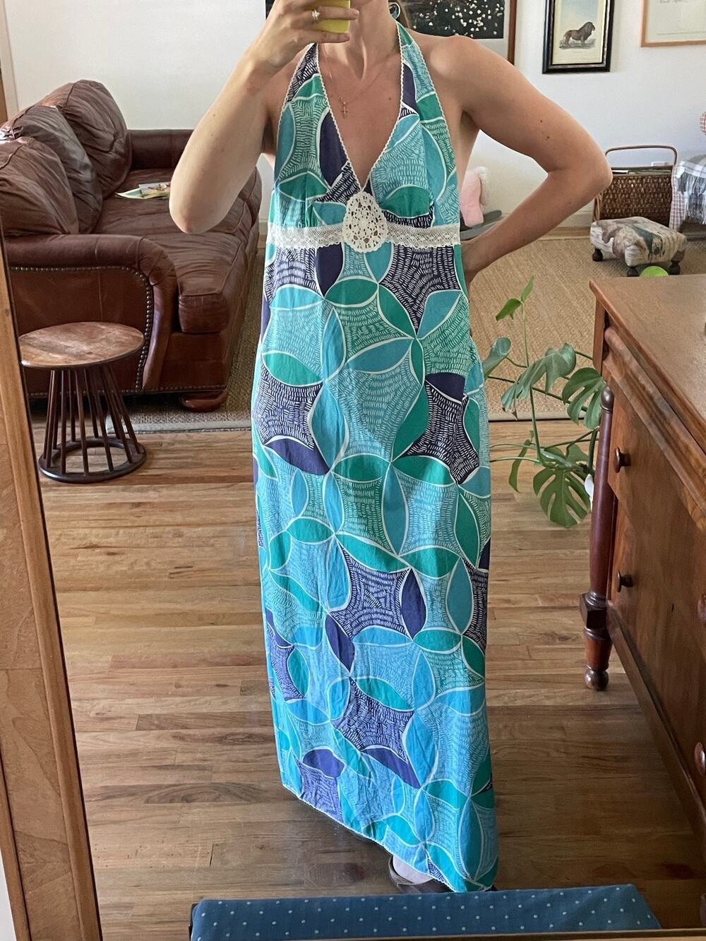 Y2K Halter Cotton Maxi Dress Crochet Trim Size Large